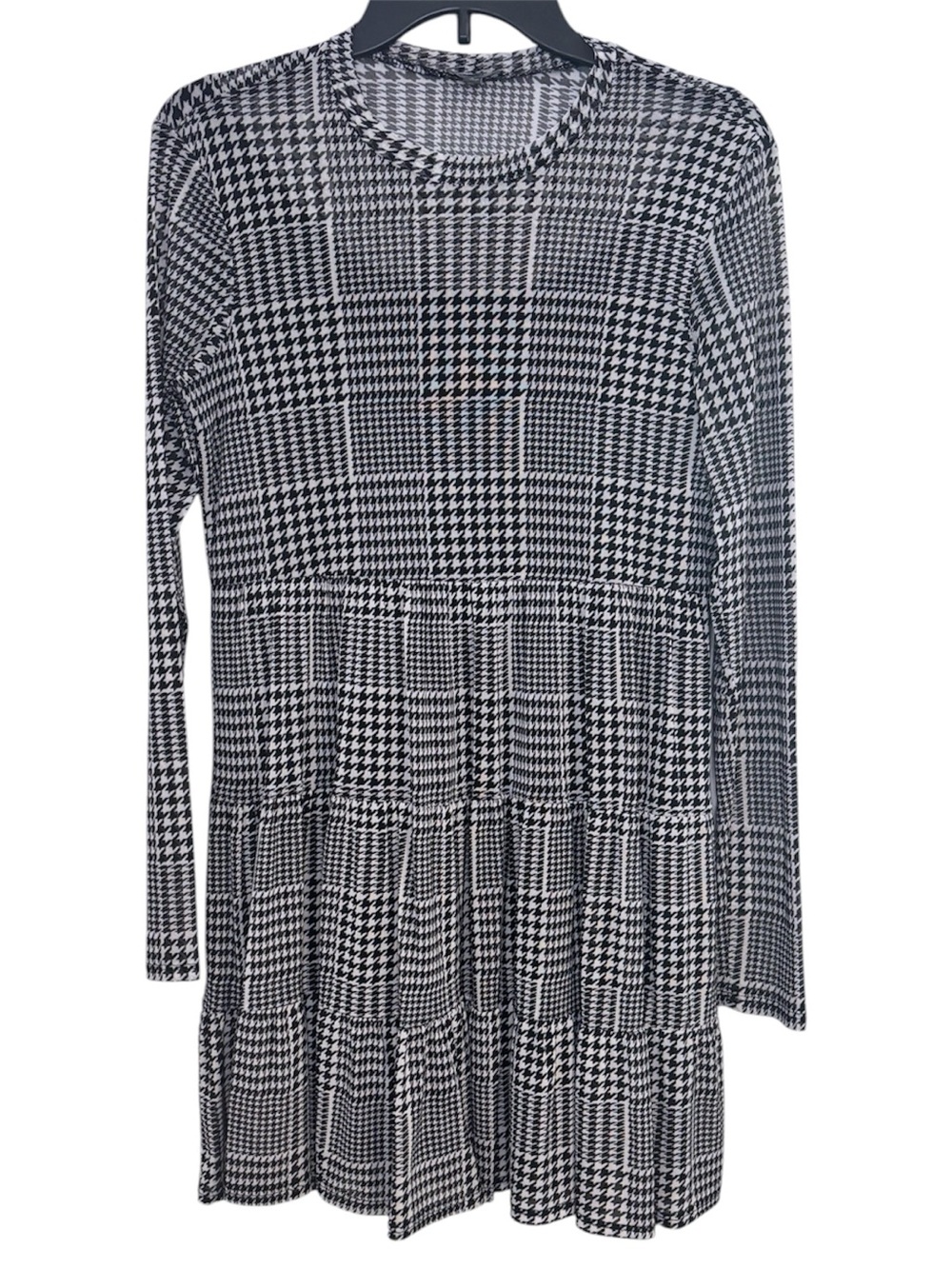 Lily Rose Black and White Houndstooth Long Sleeve Tiered Dress